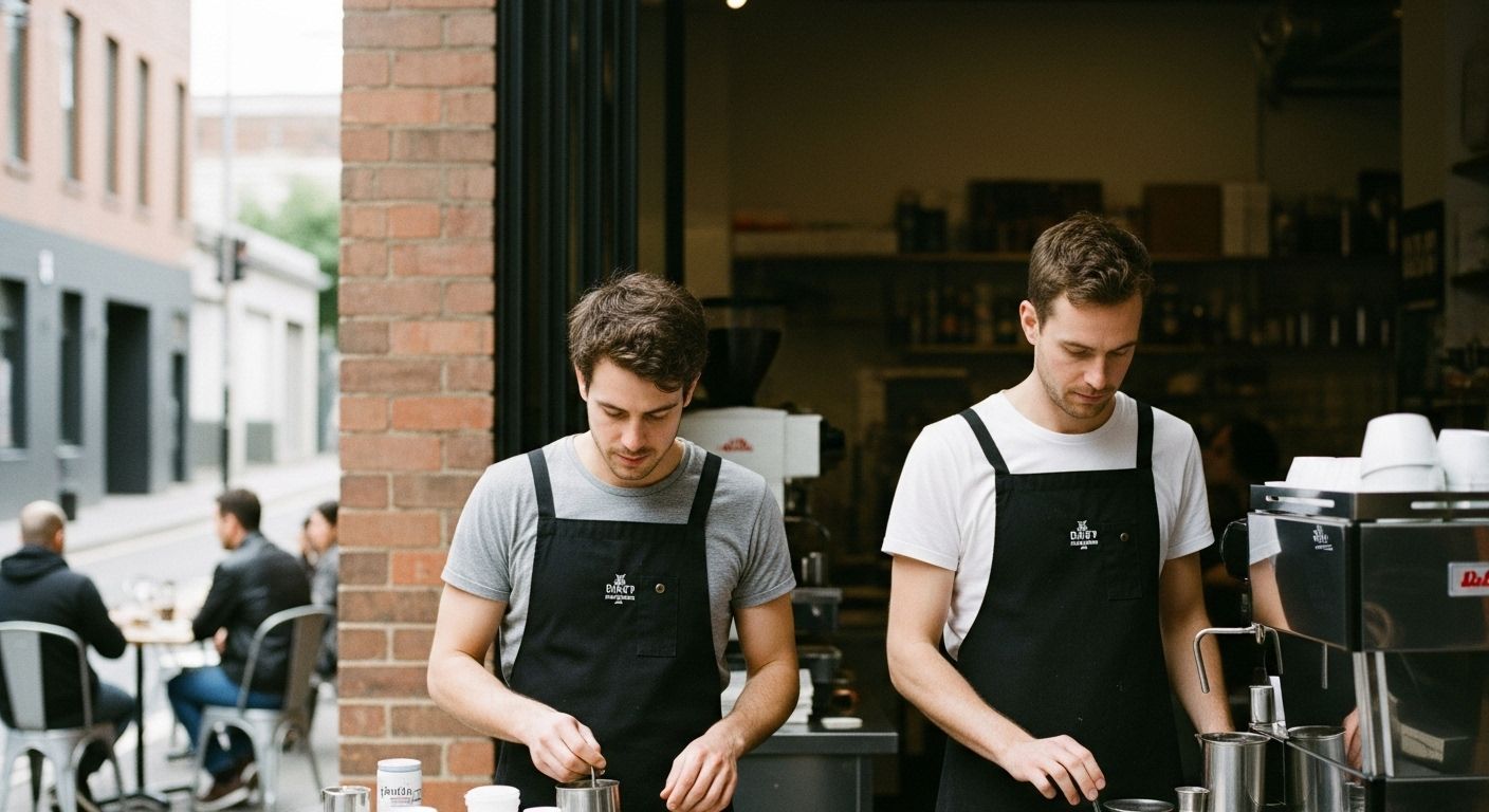 Two male baristas in black aprons preparing coffee drinks at a modern café counter, with outdoor seating visible in the background on a city street