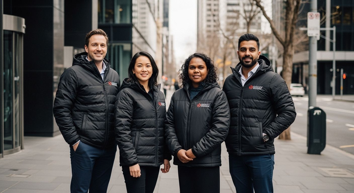 Four diverse professionals wearing black embroidered puffer jackets standing confidently in Melbourne CBD street
