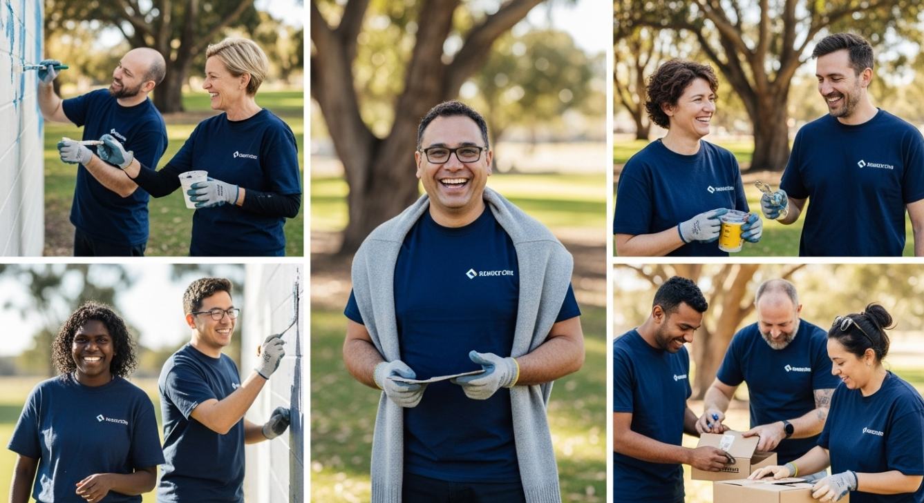 A group of people in dark blue shirts painting, packing, and smiling outdoors, showing teamwork and community spirit.