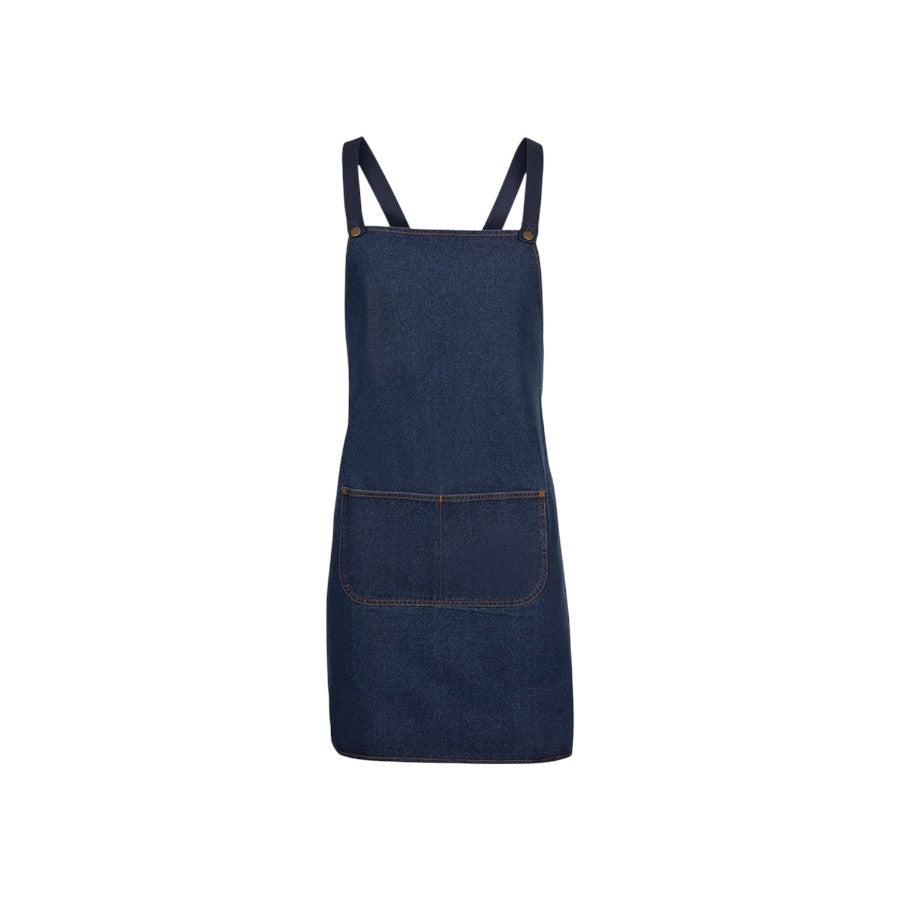 Stonewash denim cross-back apron – custom embroidery, BrightenWear