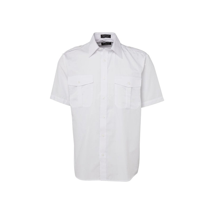 Epaulette work shirt in white, short sleeve, front view