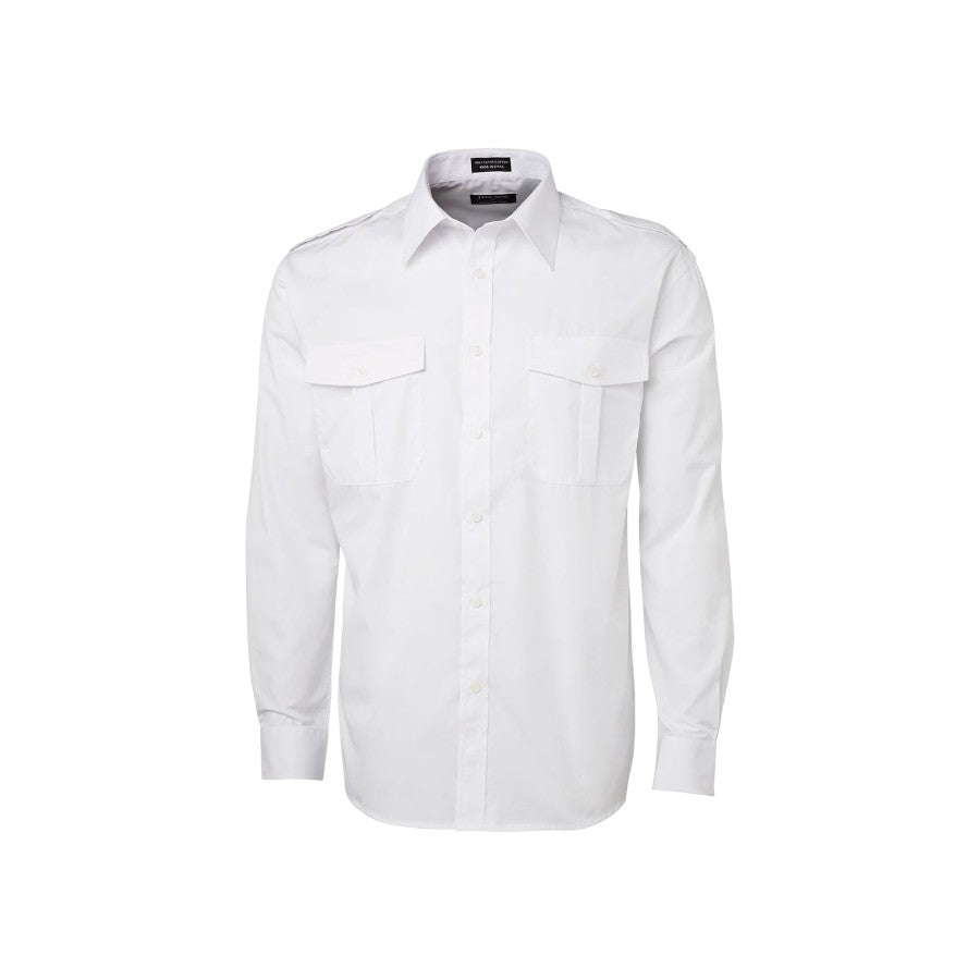 Epaulette work shirt in white, long sleeve, front view