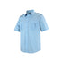 blue short sleeve epaulette work shirt, side view