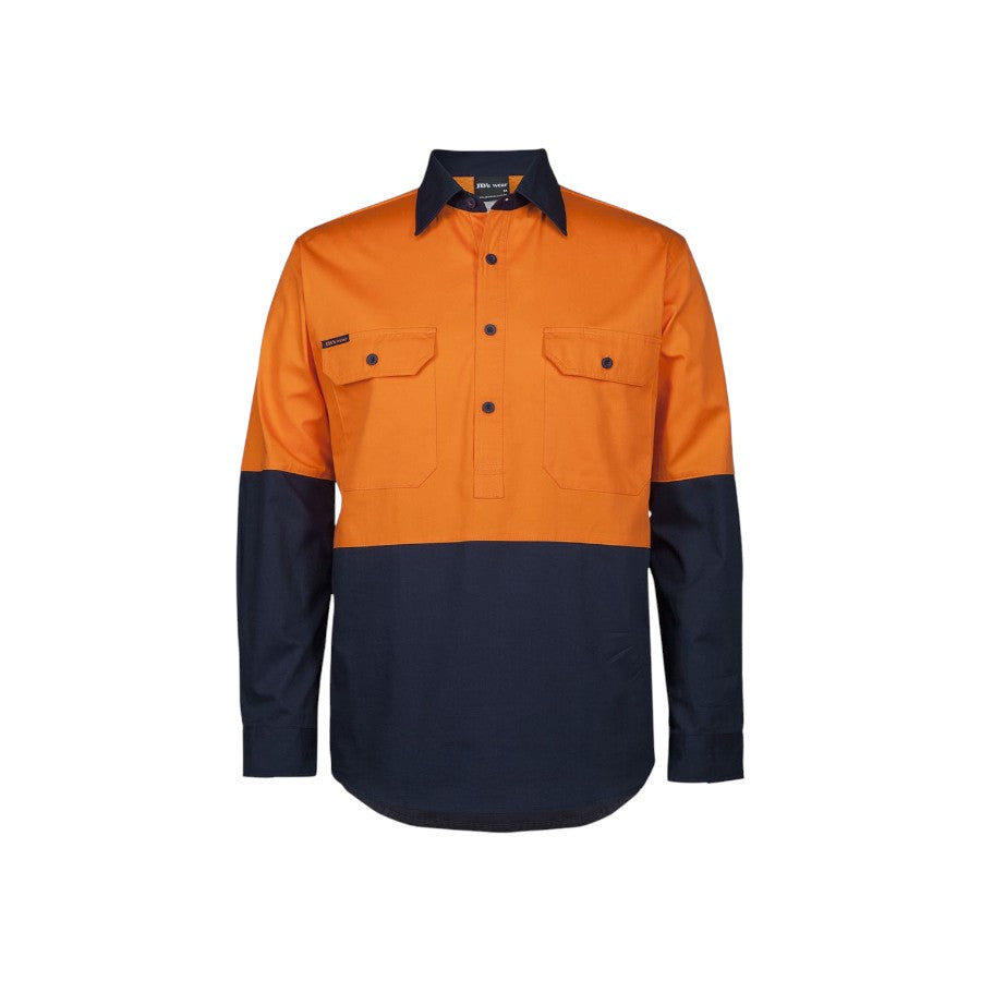 Hi Vis Close Front L/S 150g Work Shirt - Orange/Navy