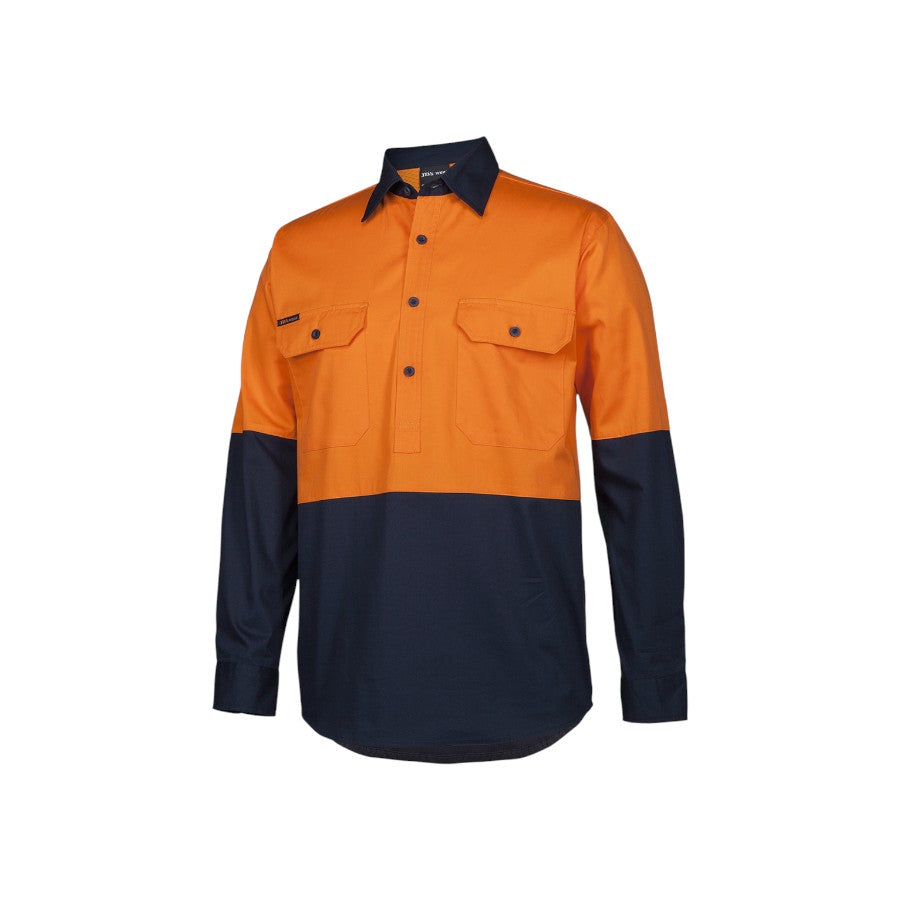 Hi Vis Close Front L/S 150g Work Shirt - Orange/Navy