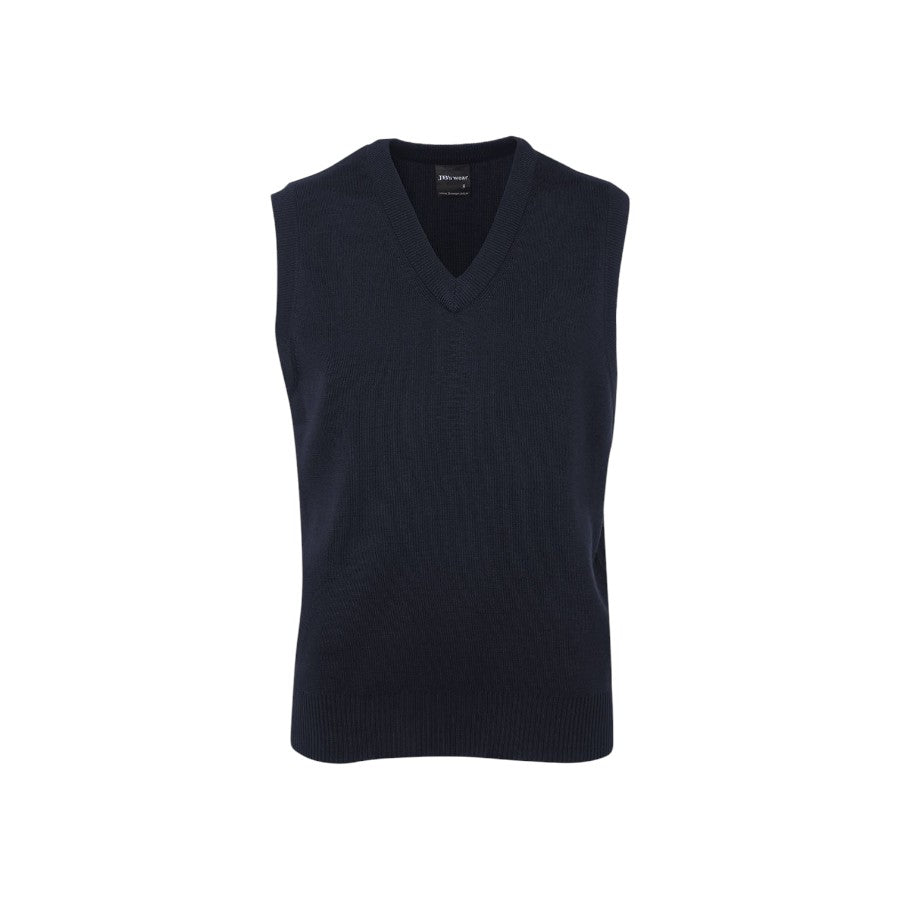 Navy V-neck knitted vest, front view