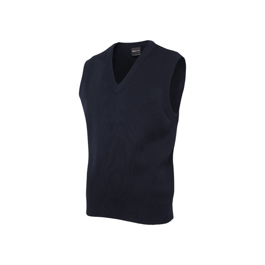 Navy V-neck knitted vest, side view