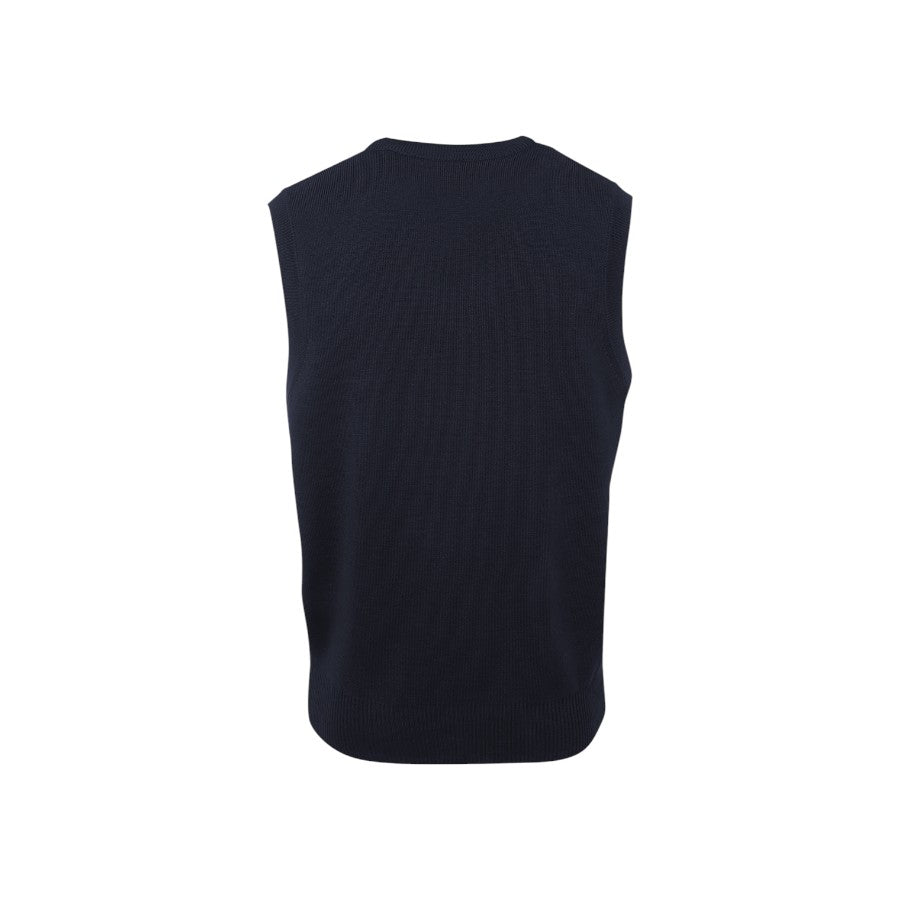 Navy V-neck knitted vest, back view