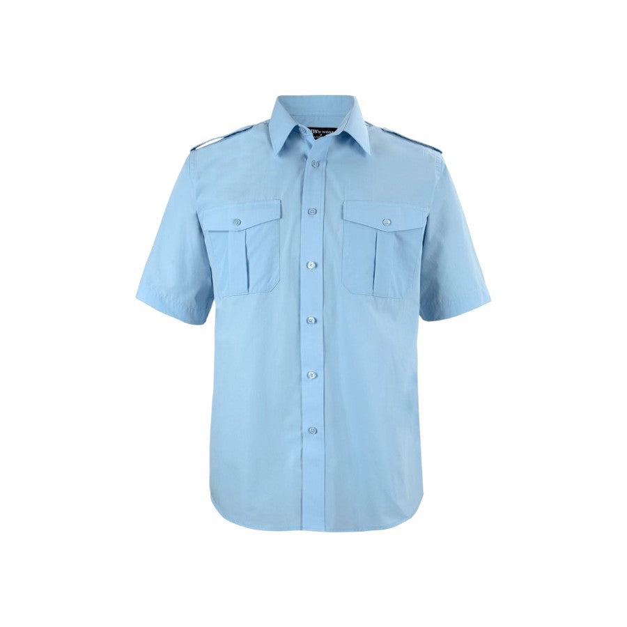 Epaulette work shirt in blue, short sleeve, front view