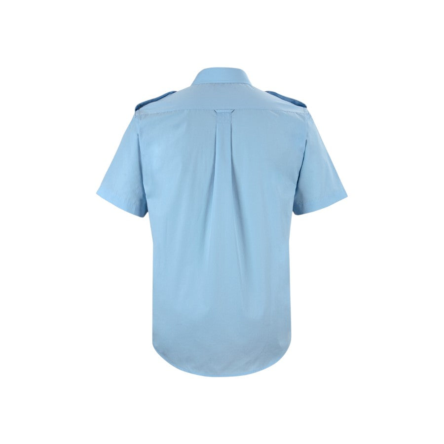 blue short sleeve epaulette work shirt, back view