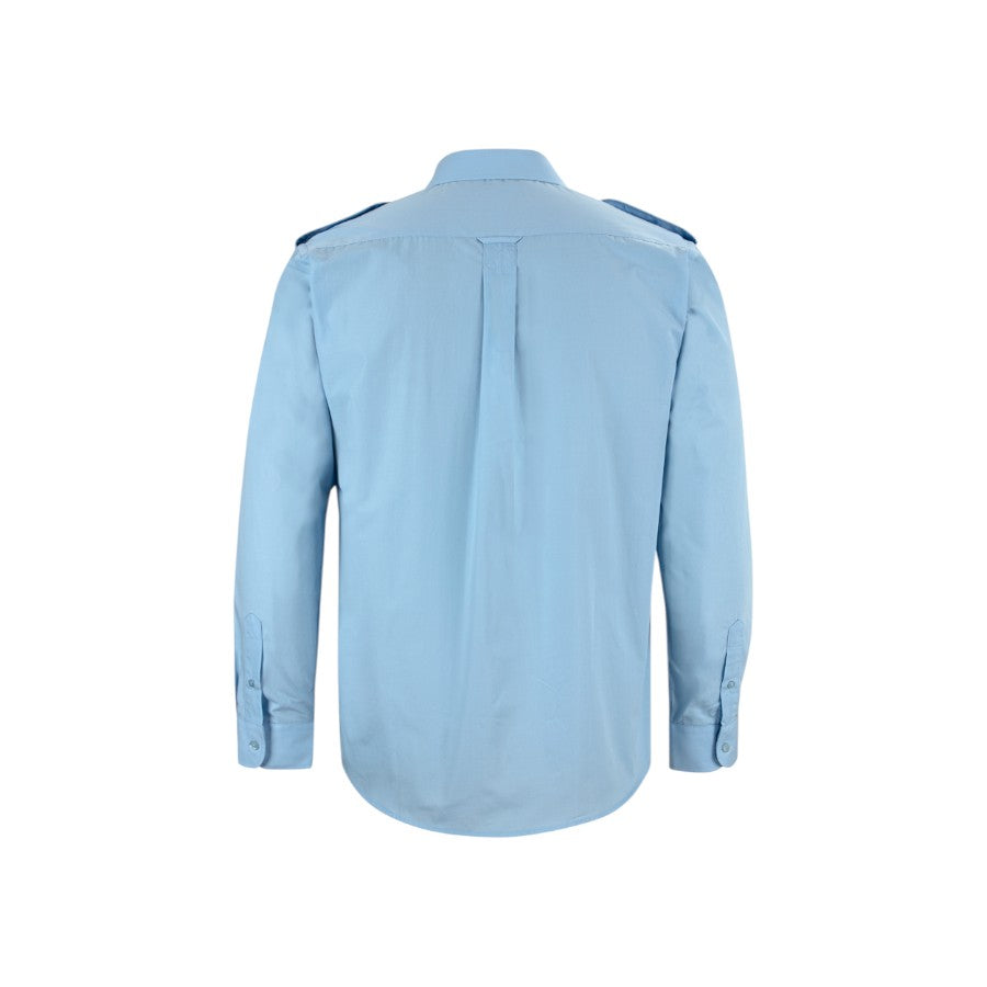 blue long sleeve epaulette work shirt, back view