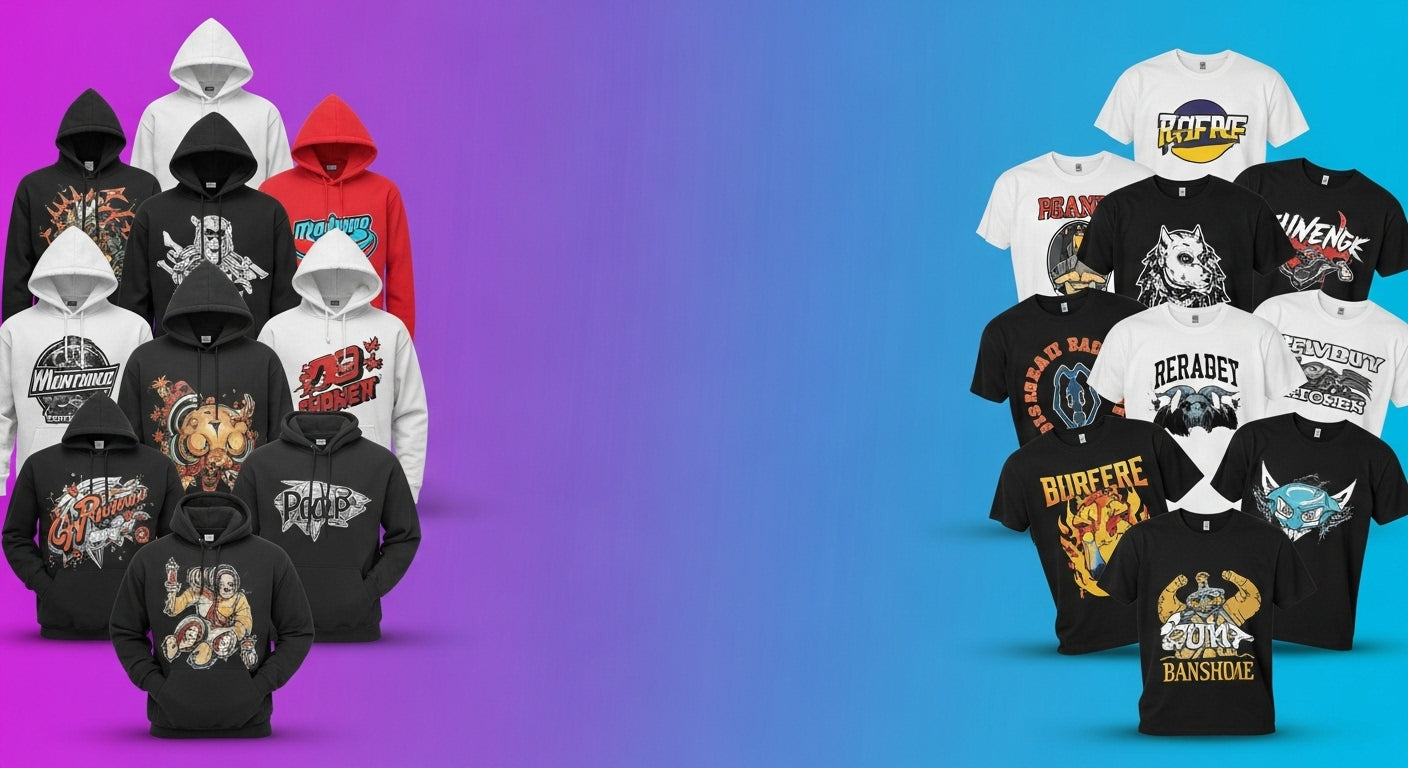 Collection of hoodies and t-shirts with various designs on a gradient background