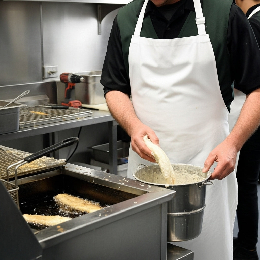 Chef wearing white apron cooking in commercial kitchen, preparing food with industrial equipment