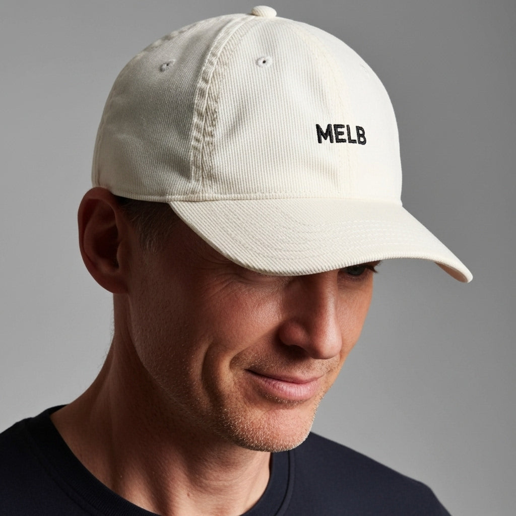 Australian man wearing cream corduroy baseball cap with MELB embroidery, looking down pose showing cap design