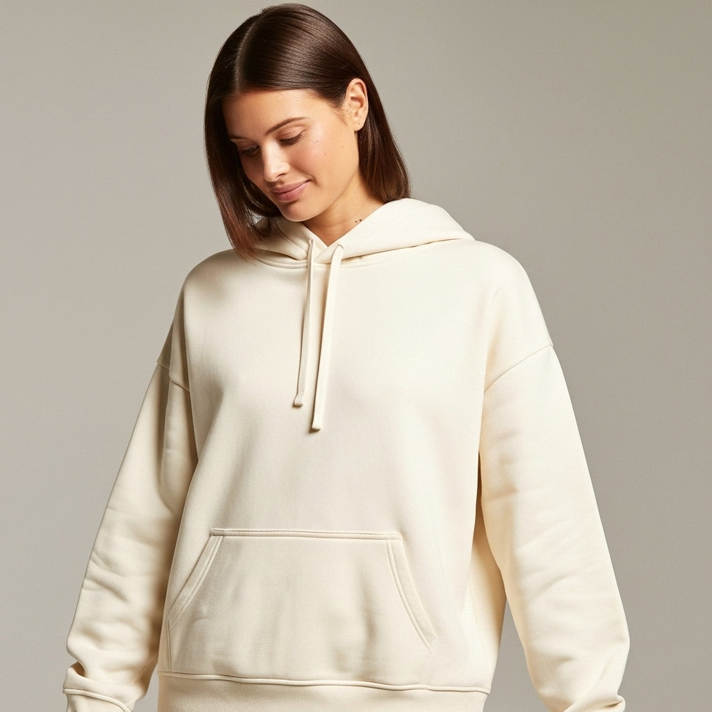 Australian woman wearing cream oversized hoodie with hood up, looking down with gentle expression, studio photography